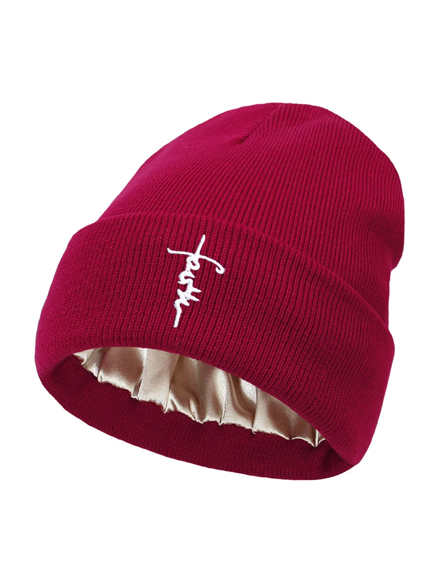 Bonnets avec lettres brodées pour femmes et hommes, 2 couches, doublure en Satin de soie, chapeau tricoté antistatique, automne hiver, casquette Skullies de ski