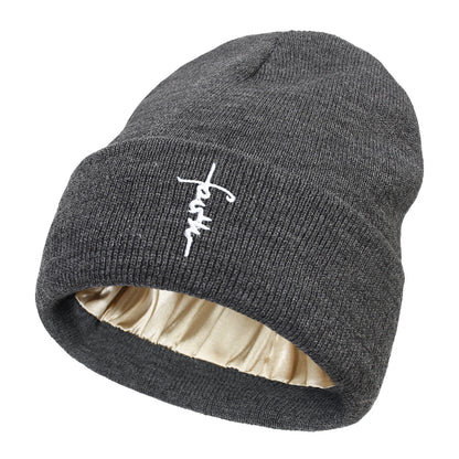 Bonnets avec lettres brodées pour femmes et hommes, 2 couches, doublure en Satin de soie, chapeau tricoté antistatique, automne hiver, casquette Skullies de ski